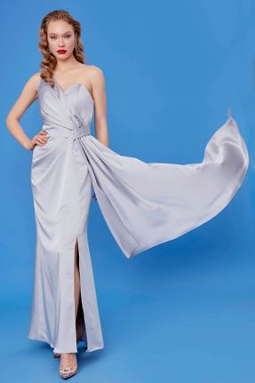 لباس مجلسی طوسی زنانه ساتن آستین استاندارد رگولار یقه هفت بدون آستر کد 654523971