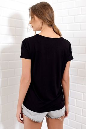 تی شرت مشکی زنانه ریلکس یقه هفت پنبه - پلی استر - الاستن تکی کد 664619991