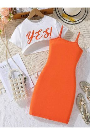 لباس نارنجی بچه گانه بافتنی پنبه - پلی استر کراپ آستین-بلند کد 819012954