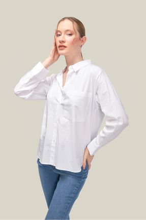 پیراهن سفید زنانه رگولار یقه پیراهنی پنبه (نخی) کد 819052421