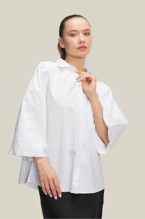 پیراهن سفید زنانه رگولار یقه پیراهنی پنبه (نخی) کد 819090737
