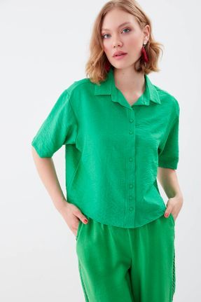 پیراهن سبز زنانه اورسایز یقه پیراهنی کد 736805788