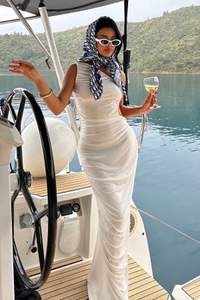 لباس مجلسی سفید زنانه مخلوط پلی استر بدون آستین رگولار یقه آسیمتریک آستر دار کد 819495983