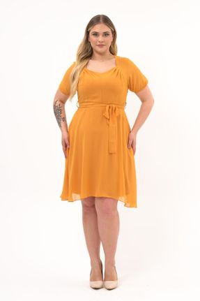 لباس زرد زنانه شیفون سایز بزرگ بافتنی کد 672229073