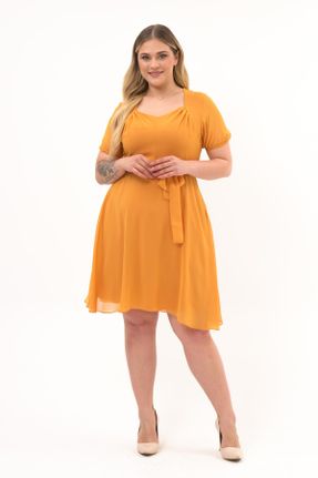 لباس زرد زنانه شیفون سایز بزرگ بافتنی کد 672229073