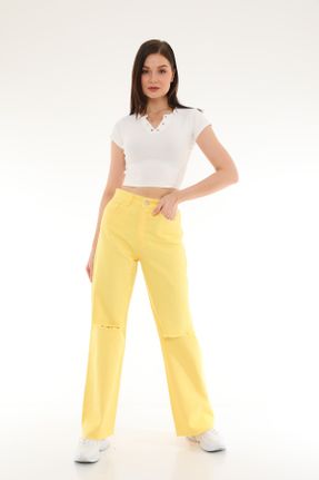 شلوار جین زرد زنانه پاچه راحت سوپر فاق بلند جین کد 111890154