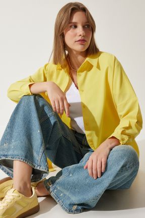 پیراهن زرد زنانه اورسایز یقه پیراهنی پنبه - پلی استر کد 113319788