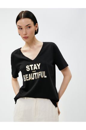 تی شرت مشکی زنانه رگولار یقه هفت پنبه (نخی) تکی کد 660030221