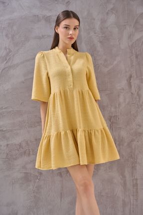 لباس زرد زنانه بافتنی کتان راحت آستین-بلند بیسیک کد 813624259