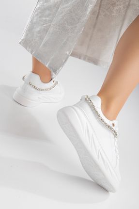 کفش اسنیکر سفید زنانه بند دار چرم مصنوعی کد 808372910
