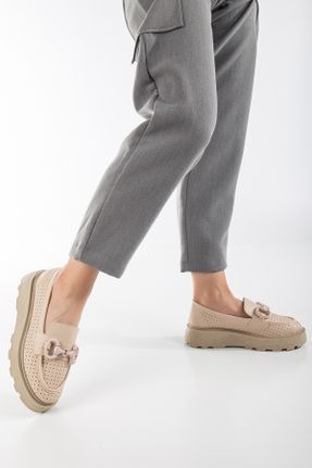 کفش لوفر بژ زنانه چرم مصنوعی پاشنه کوتاه ( 4 - 1 cm ) کد 820029119