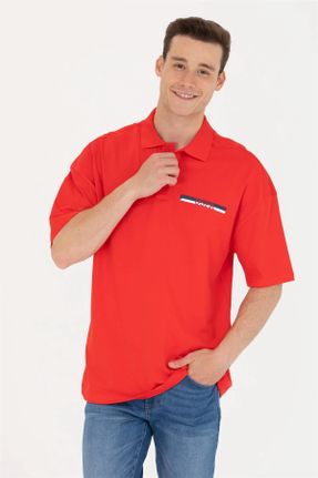 تی شرت قرمز مردانه اورسایز یقه پولو پنبه (نخی) تکی کد 820008220