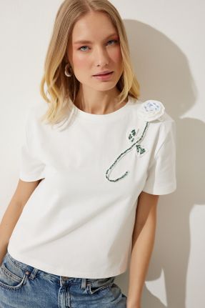 تی شرت سفید زنانه رگولار یقه گرد پنبه (نخی) تکی بیسیک کد 819354629