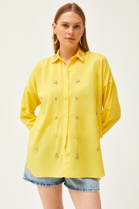 پیراهن زرد زنانه رگولار یقه پیراهنی پنبه - پلی استر کد 819823573