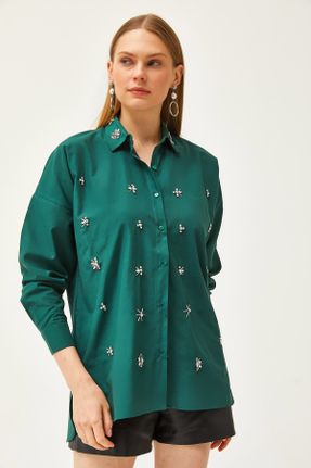 پیراهن سبز زنانه رگولار یقه پیراهنی پنبه - پلی استر کد 819823572
