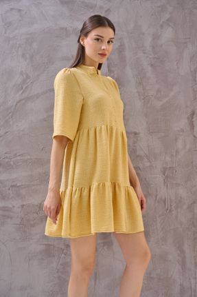 لباس زرد زنانه بافتنی کتان راحت آستین-بلند بیسیک کد 813624259