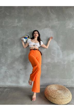 شلوار نارنجی زنانه مخلوط کتان بافتنی پاچه لوله ای فاق بلند فاق بلند کد 819669047