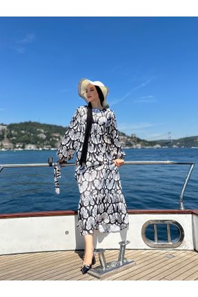 لباس مشکی زنانه بافتنی مخلوط پلی استر طرح گلدار اورسایز آستین-بلند کد 820260149