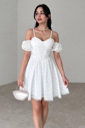 لباس مجلسی سفید زنانه یقه دگاژه پنبه - پلی استر آویزی آستر دار کد 820275990