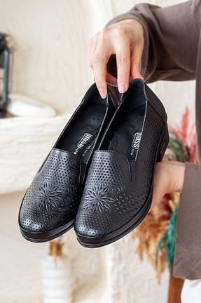 کفش آکسفورد مشکی زنانه چرم خالص DERİMİSS - کد 89669388