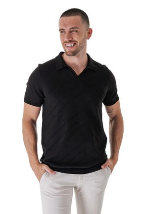 تی شرت مشکی مردانه رگولار یقه پولو پنبه (نخی) تکی بیسیک کد 674410935