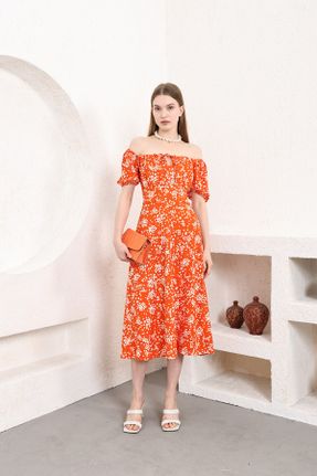 لباس نارنجی زنانه بافتنی پلی استر طرح گلدار رگولار آستین-کوتاه بیسیک کد 820486278