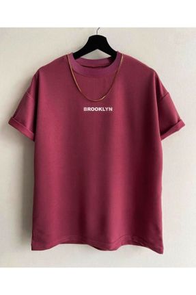 تی شرت زرشکی زنانه رگولار یقه گرد پنبه - پلی استر تکی کد 820135701