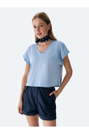 تی شرت آبی زنانه رگولار یقه هفت کد 818326805