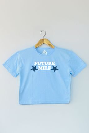 تی شرت آبی زنانه کراپ یقه گرد تکی جوان کد 820428134