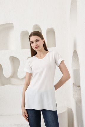 تی شرت سفید زنانه اورسایز پنبه - پلی استر یقه هفت کد 820868515