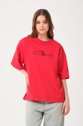 تی شرت قرمز زنانه یقه گرد ریلکس کد 820886764