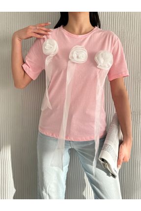 تی شرت صورتی زنانه رگولار یقه گرد پنبه (نخی) تکی طراحی کد 820895039