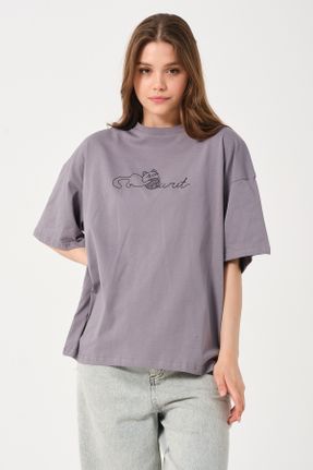 تی شرت طوسی زنانه ریلکس یقه گرد کد 820886771