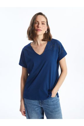 تی شرت آبی زنانه یقه هفت ریلکس کد 820904924
