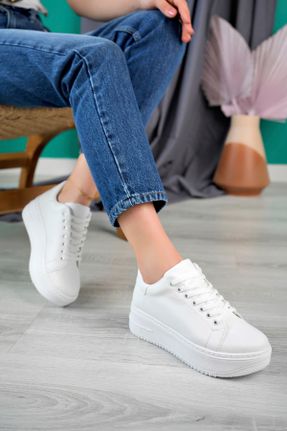 کفش اسنیکر سفید زنانه بند دار چرم مصنوعی کد 794949191
