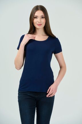 تی شرت سرمه ای زنانه سایز بزرگ یقه گرد ویسکون بیسیک کد 820865146