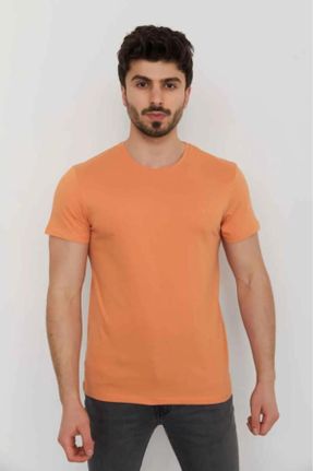 تی شرت نارنجی مردانه اسلیم فیت یقه هفت پنبه (نخی) 50