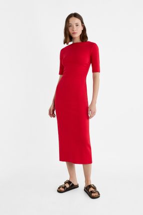 لباس قرمز بافتنی پنبه (نخی) Fitted کوتاه بیسیک کد 800384168