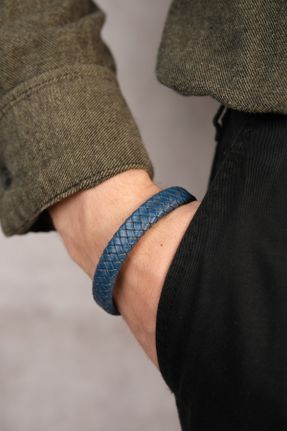 دستبند جواهر آبی مردانه چرم طبیعی کد 821300496