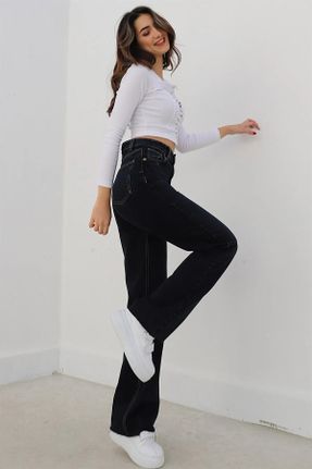 شلوار جین مشکی زنانه پاچه راحت فاق بلند جوان کد 821477381