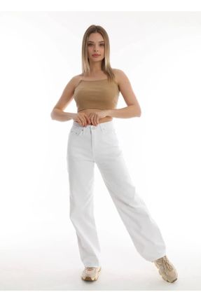 شلوار جین سفید زنانه پاچه راحت فاق بلند جوان کد 821478251