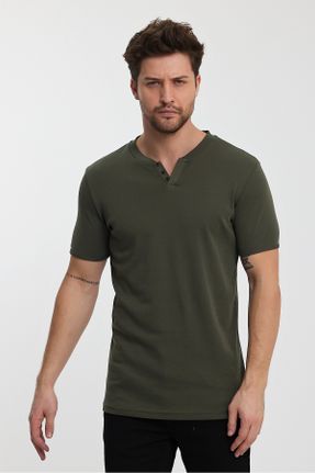 تی شرت خاکی مردانه اسلیم فیت یقه گرد کد 808193076