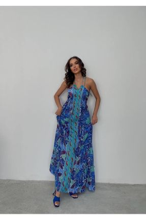 لباس آبی زنانه بافتنی پنبه - پلی استر راحت بند دار کد 821712181