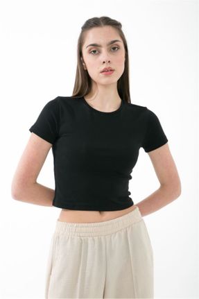 تی شرت مشکی زنانه ریلکس پنبه (نخی) یقه گرد طراحی کد 821955256