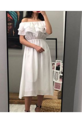 لباس سفید زنانه بافتنی شیفون A-line شانه باز کد 100505062