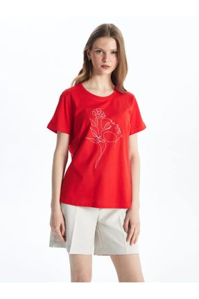 تی شرت قرمز زنانه ریلکس یقه گرد تکی جوان کد 822048923