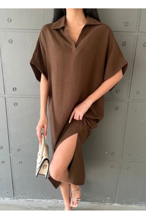 لباس قهوه ای زنانه بافتنی مخلوط کتان اورسایز آستین-کوتاه بیسیک کد 822287283