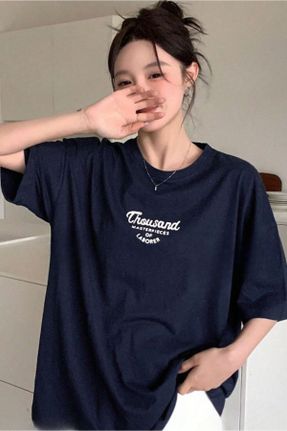 تی شرت سرمه ای زنانه اورسایز یقه گرد پنبه (نخی) تکی کد 822139332