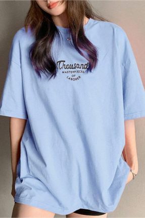 تی شرت آبی زنانه اورسایز یقه گرد پنبه (نخی) تکی کد 822139342