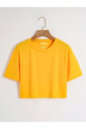 تی شرت زرد زنانه اورسایز یقه گرد پنبه (نخی) تکی جوان کد 822179463